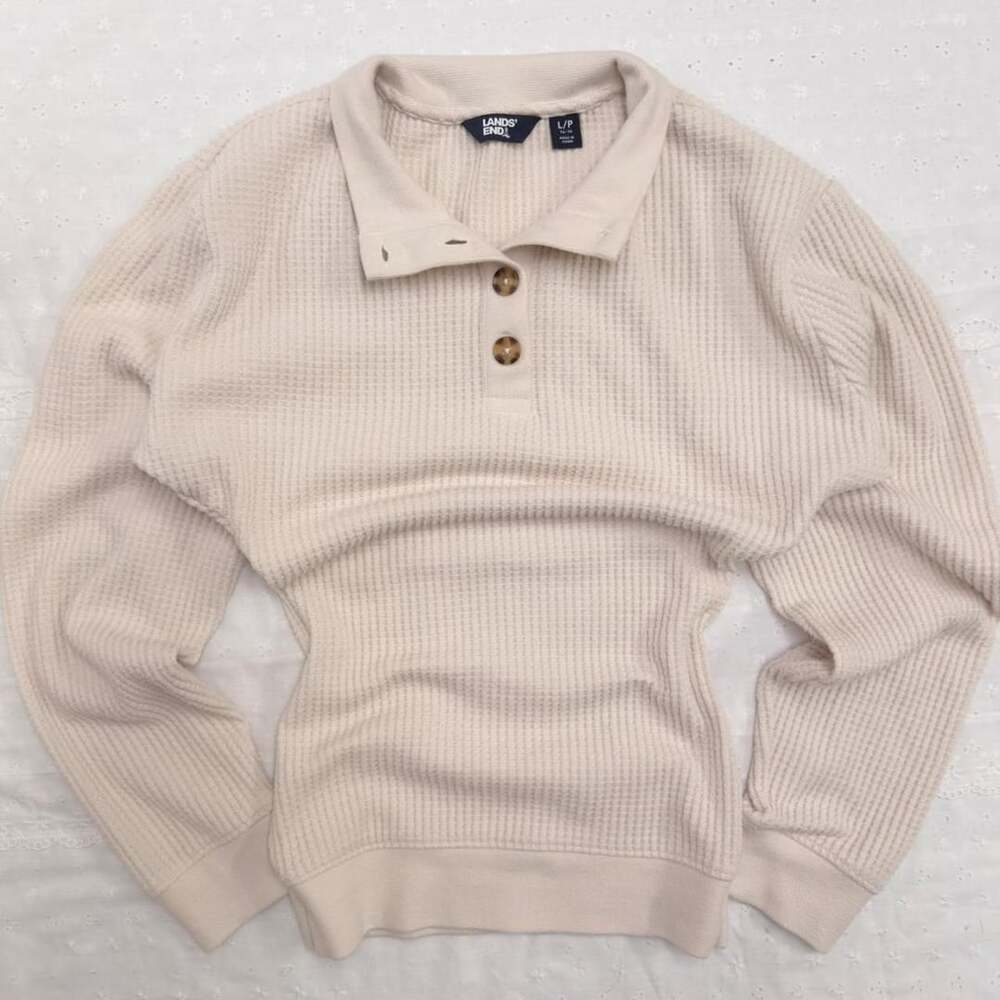 Lands' End Waffle Knit Thermal Henley Size L/P Cream